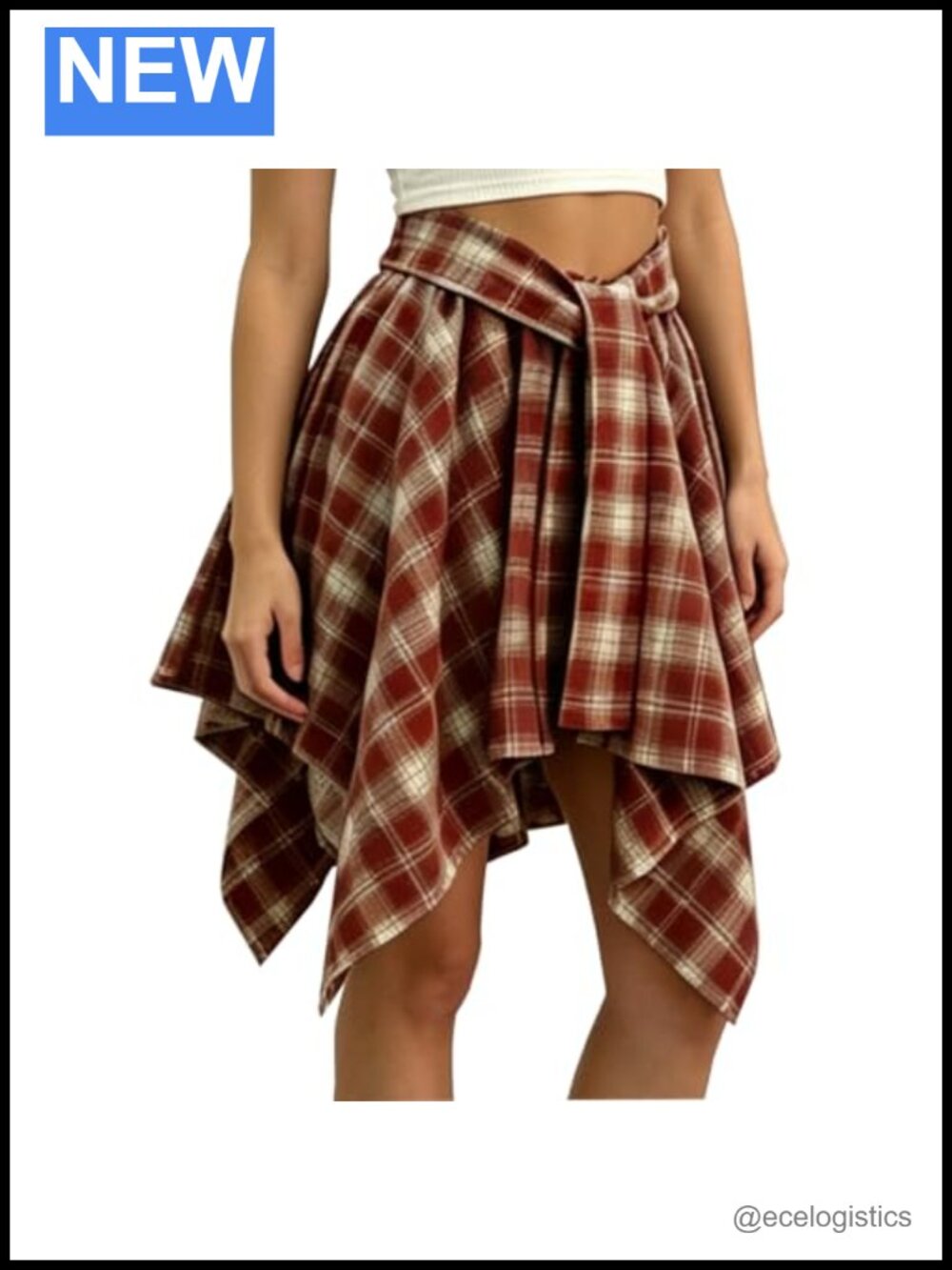 Plaid Mini Skater Skirt High Waisted Knot Front Asymmetrical Hem